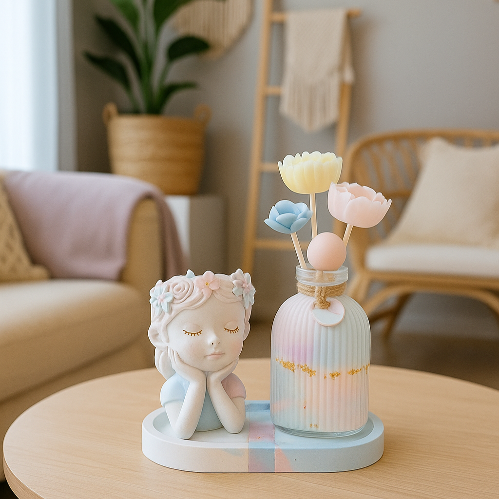 Ensemble déco parfumée Bulles de Li en situation : bouquet fondants, vase visage et plateau sur une console de salon.