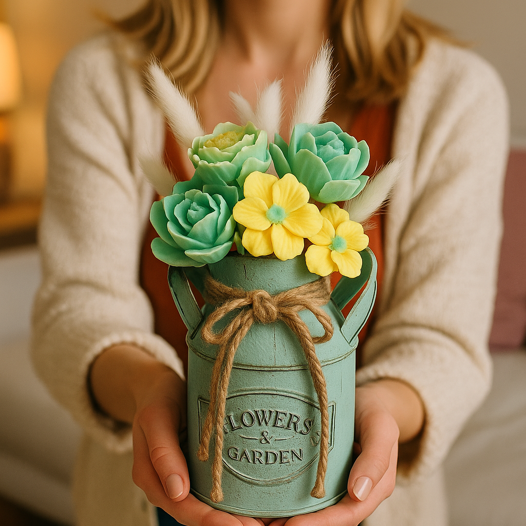 Bouquet parfumé en cire végétale coco – Parfum d’ambiance & fondant brûle-parfum – Vase inclus