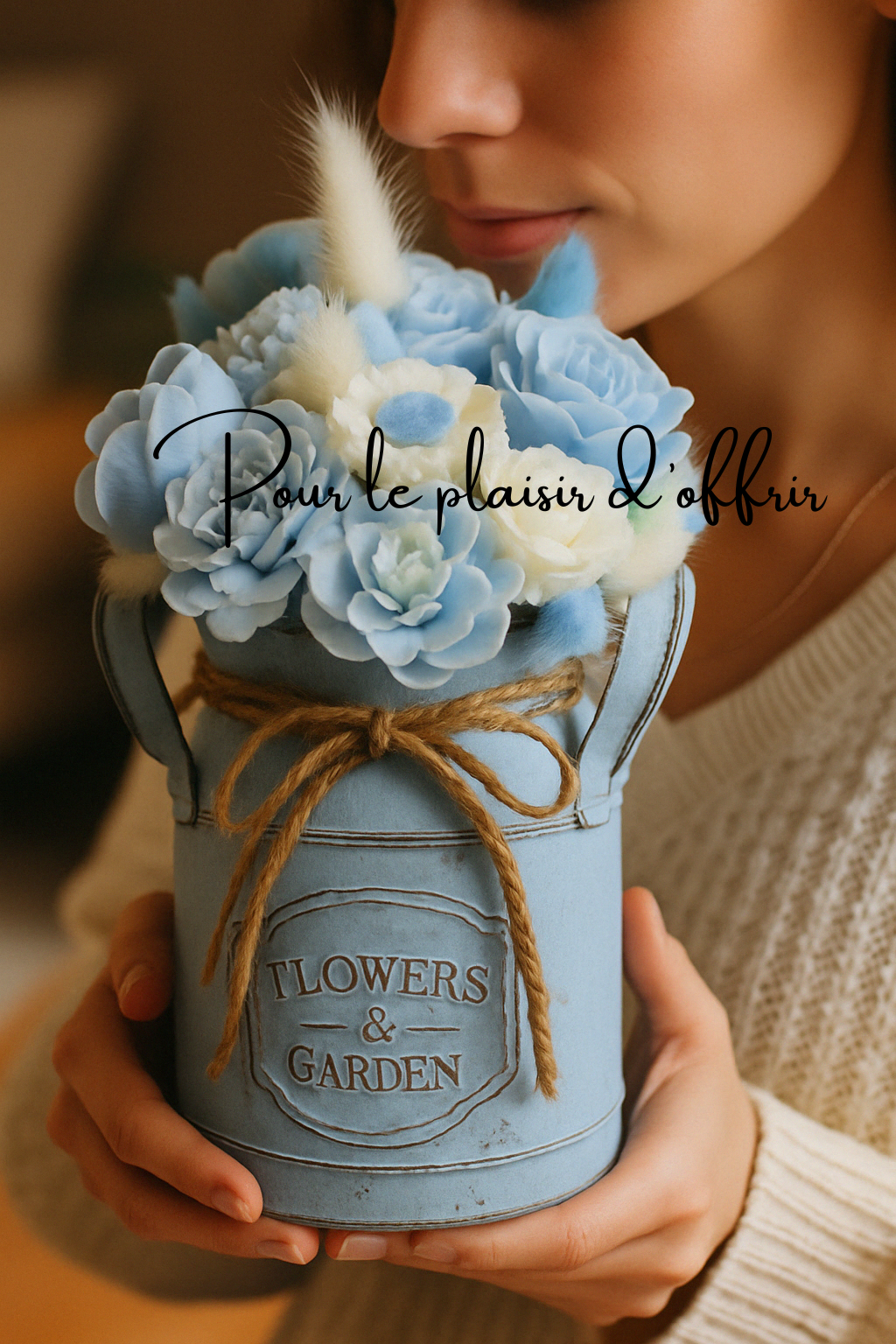Composition florale artisanale en cire coco bleue et blanche dans un vase décoratif bleu, ambiance nature.
